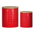 thumbnail image 1 of Collection Tendances Urbaines 50942 Boîte Ronde Dolomite avec Couvercle en Bois & Gravé Motif Pointillé Design Corps&44; Finition Enduite&44; Rouge - Lot de 2, 1 of 1