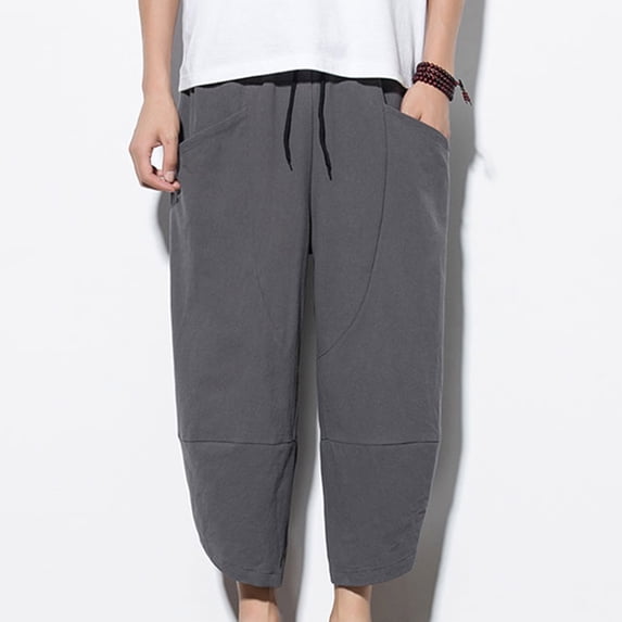 LMOIPLI Men's Linen Harem Capri Pants Lightweight Elastic Waist Wide Leg Cropped Trousers Casual Loose Beach Capris Dark Gray XXXXL