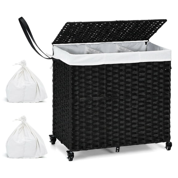Gymax Laundry Hamper w/Wheels & Lid, 125L 3-Section Clothes Hamper w/2 Liner Bags