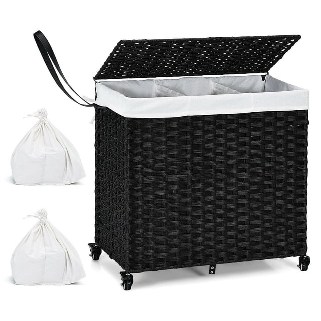 Gymax Panier à Linge avec Roues et Couvercle, 125L Panier à Linge 3 Sections avec 2 Sacs Doublure