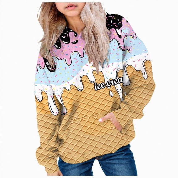 BOBOGOJP Ice Cream Hoodies Boys Cute Ice Cream Drip Baseball Sweatshirt Y2k Long Sleeve Pullover Tops Youth Streewear with Pockets Black,Size 11-12 Years