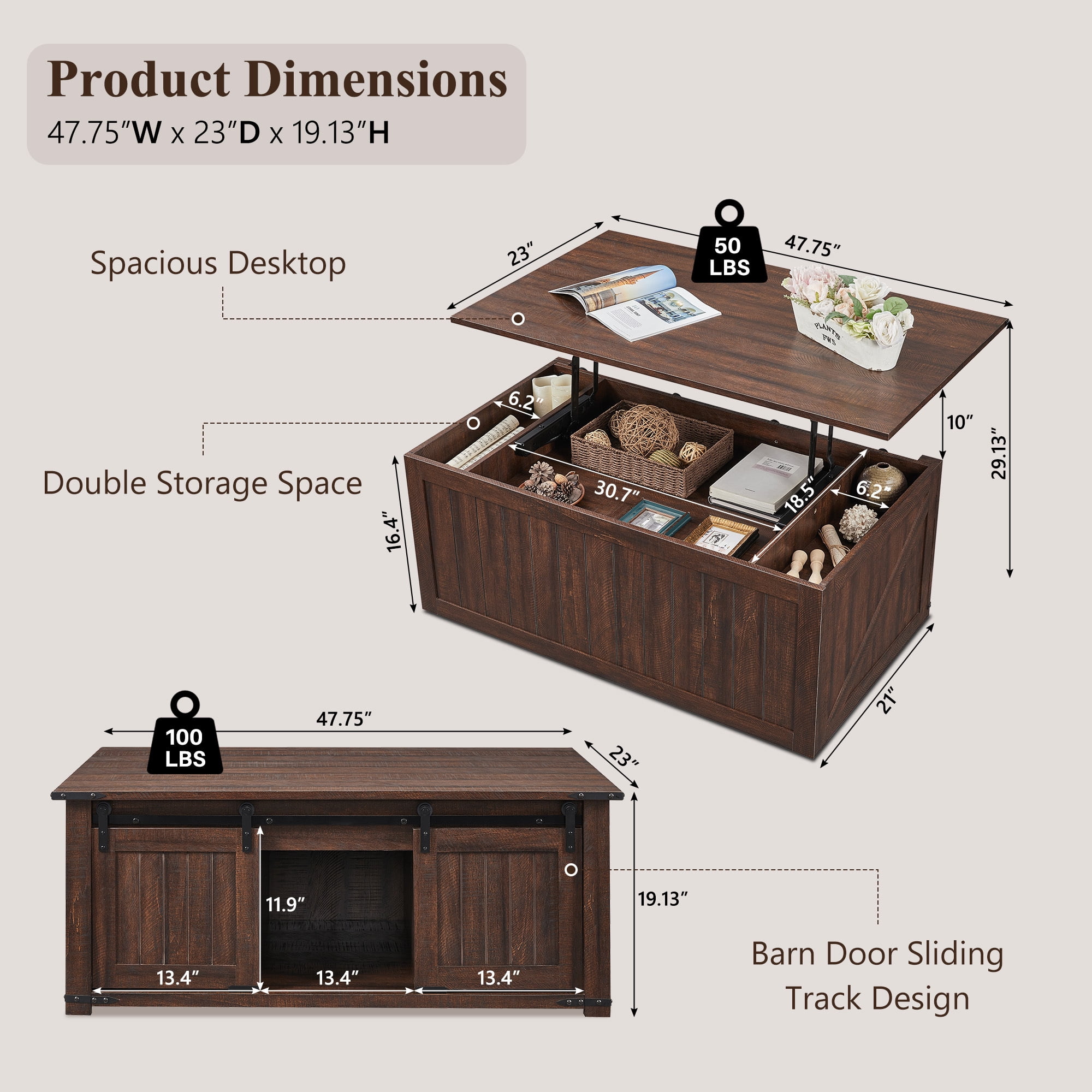 SinCiDo Farmhouse Coffee Table with Storage for Living Room, Lift Top Coffee Table w/Sliding Groove Barn Door