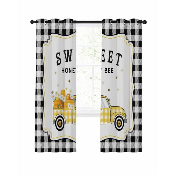 Yellow Truck Blackout Curtains, Light Blocking Print Window Curtains, Spring Bees Honey Daisy Black Lattices Thermal Insulated Window Drapes for Living Room Kitchen Cafe 2 Panels, 55"W x 39"L