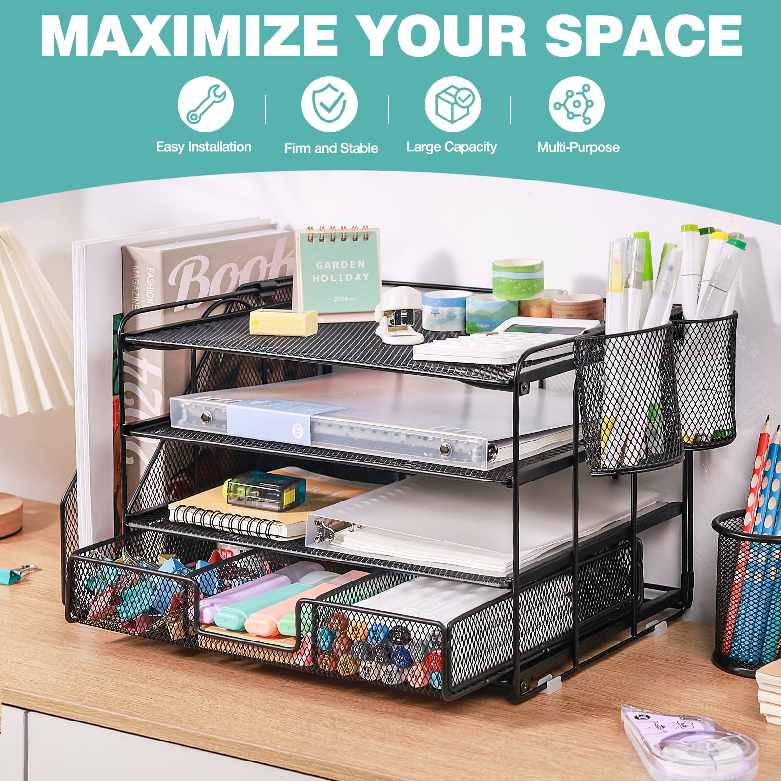 Livhil Desktop Organizer 4-Tier Desk Organizers Sets and Storage, File Organizers for Desk Drawer Organizer, Paper Organizer for Desk (Black)
