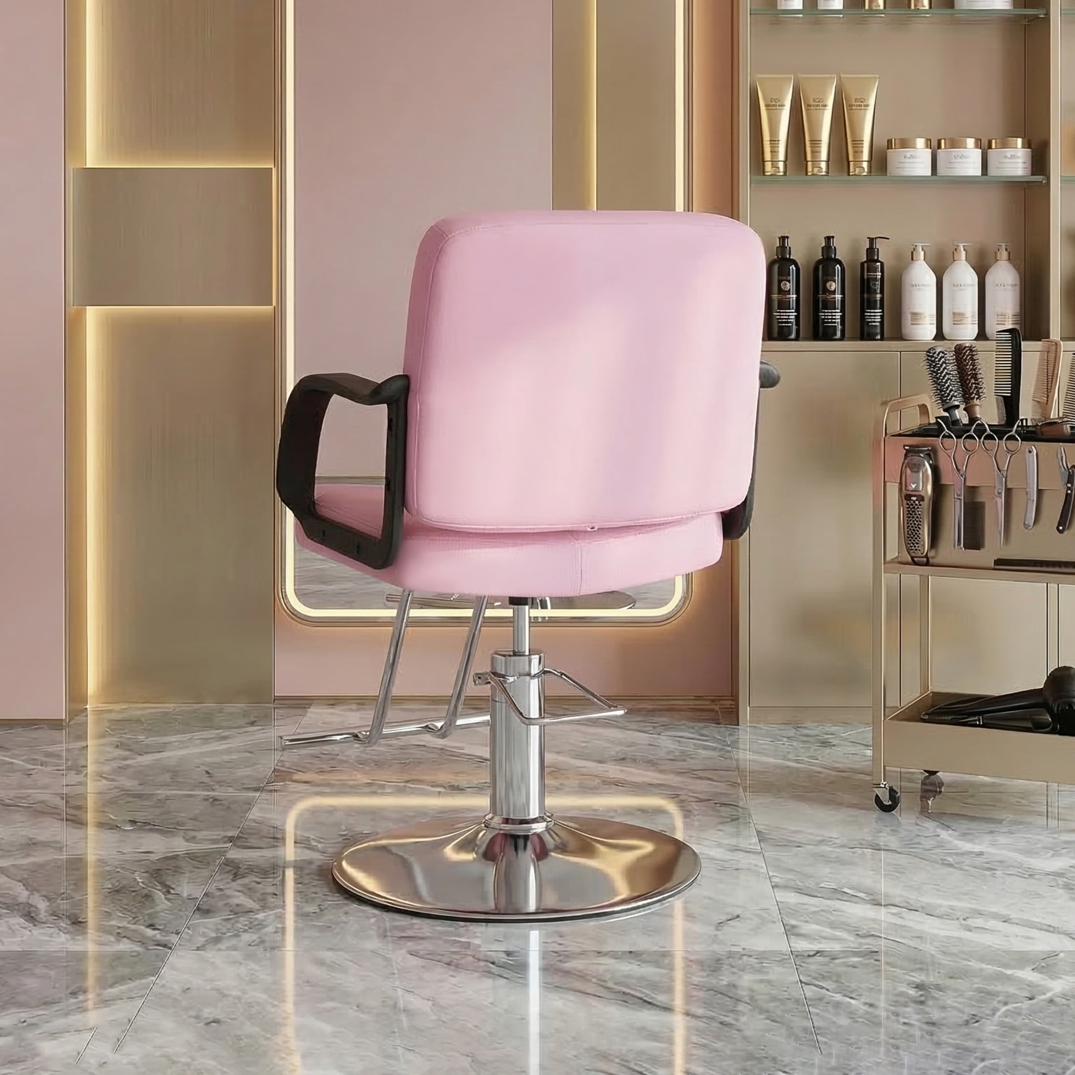 Noble House 360° Swivel Barber Chair, Hydraulic Height Adjustable, PU Upholstery, Pink + Chrome