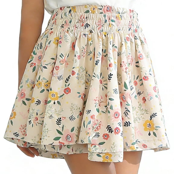 YTCAMLO Mini Skater Skirt for Girls Casual Boho Elastic Waisted Flared Skirts Floral Printed Ruffle Chiffon Skorts Summer Beach Outfits, Beige 1-2Years