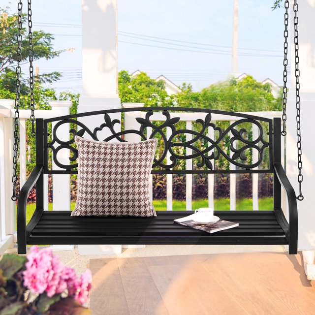 Gymax Patio Hanging Porch Swing Bench for 2-Person with Sturdy Metal Chains, Black