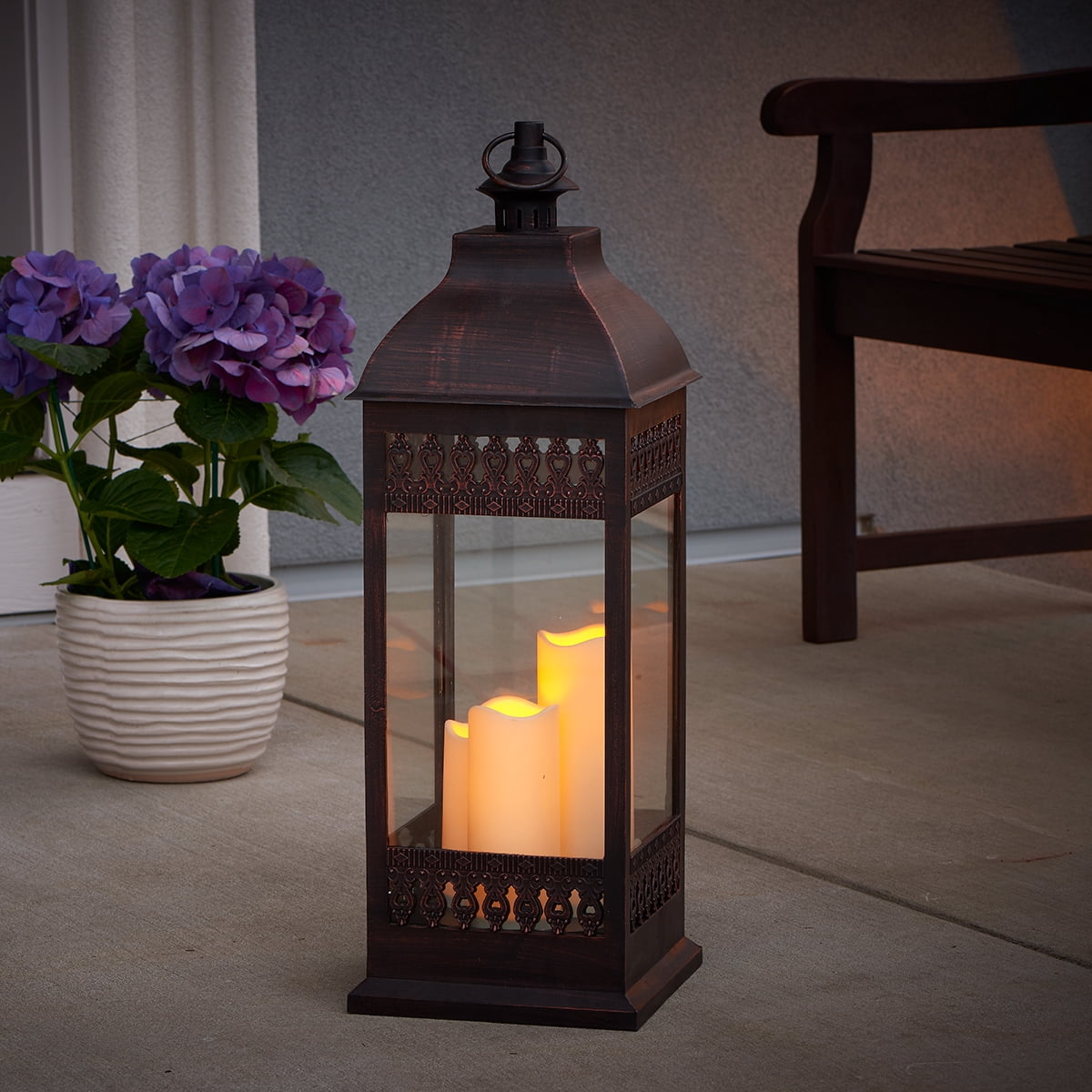 Smart Design San Nicola Triple LED Candle Lantern - 28-Inch Antique Bronze Outdoor/Indoor Lantern With Timer