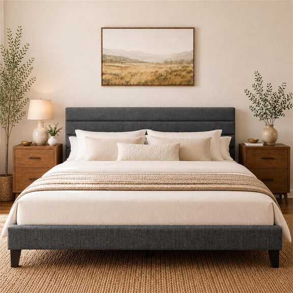 SESSLIFE King Size Bed Frame with Adjustable Upholstered Headboard, Linen Upholstered Platform Bed Frame King, Noise Free, No Box Spring Needed, Gray