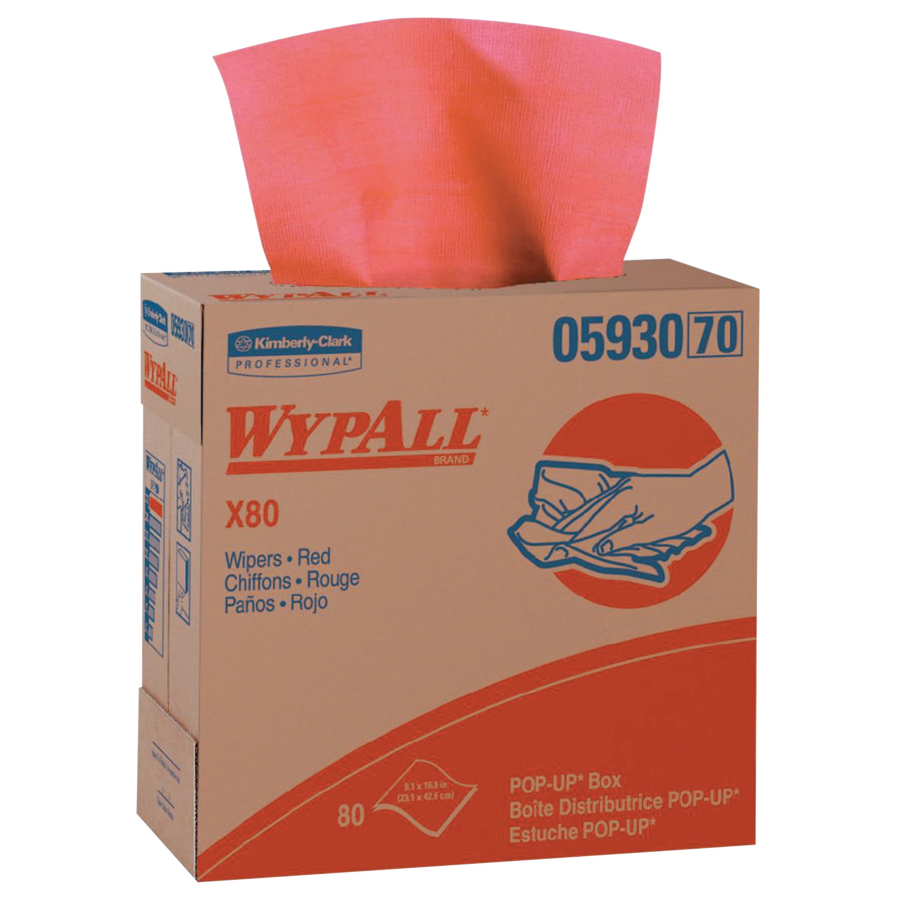 KimberlyClark Professional WypAll X80 Towels, PopUp Box, Red Hot, 80