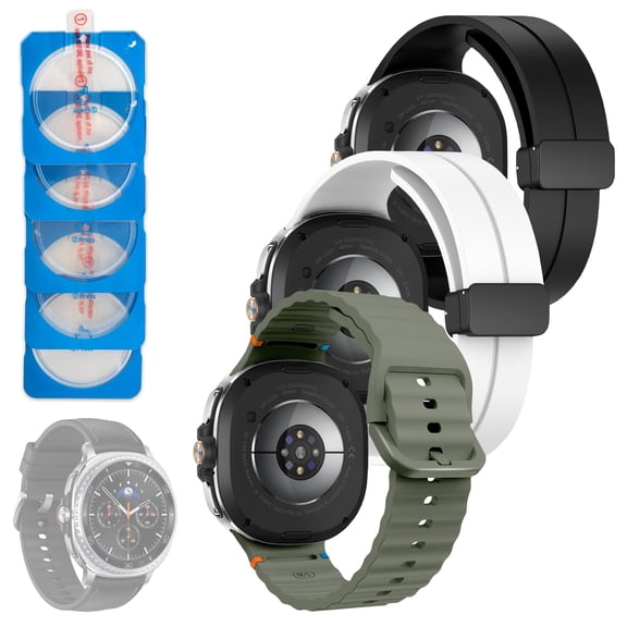 Rome Tech Bands and Tempered Glasses Compatible with Samsung Galaxy Watch 8 Classic - 3 Adjustable Silicone Bands and 5 Screen protectors - Black, White, Military Green