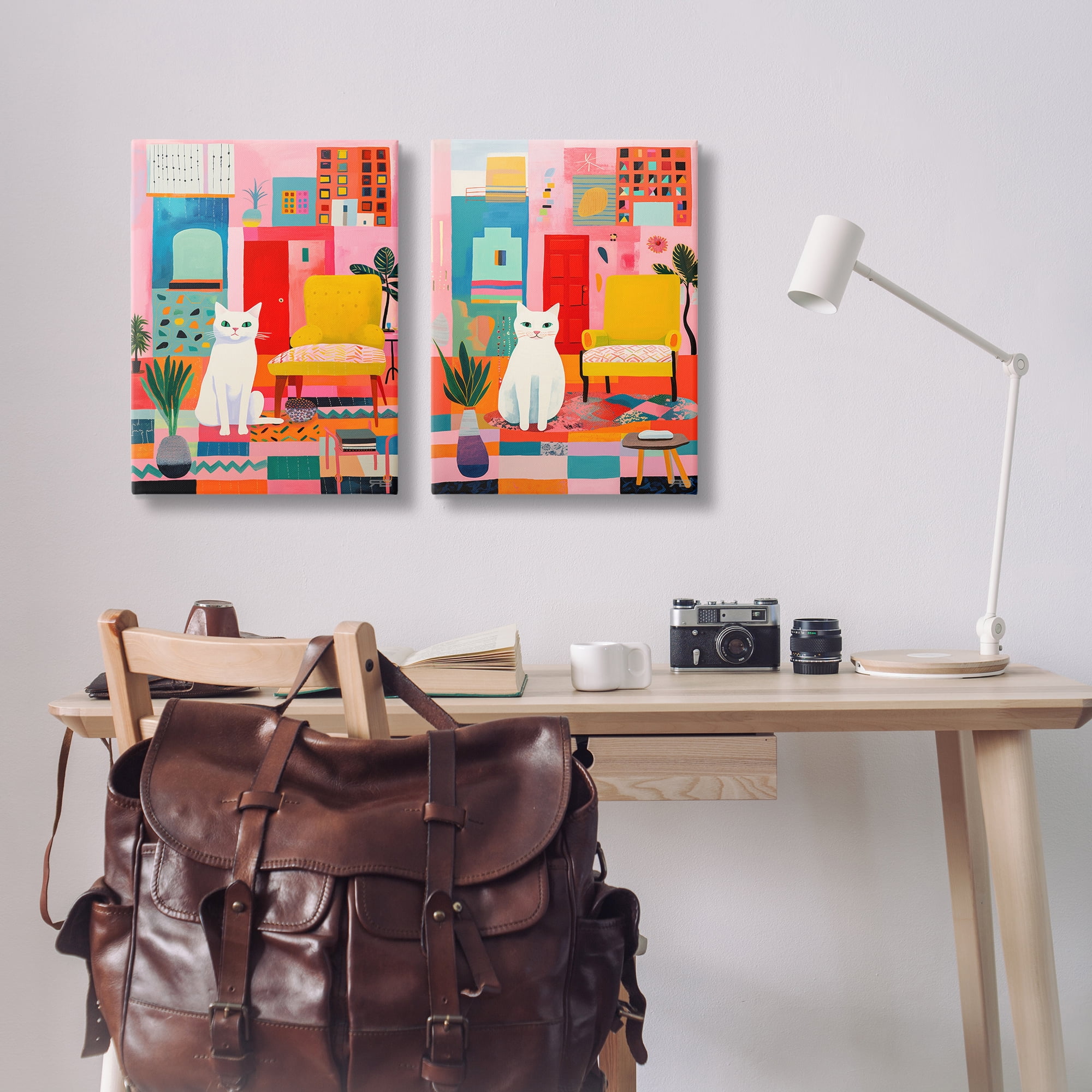 Stupell Industries Bright Room Sitting Cat Furniture Painting Wrapped Canvas Art Print Wall Art, 20 x 30, Set of 2