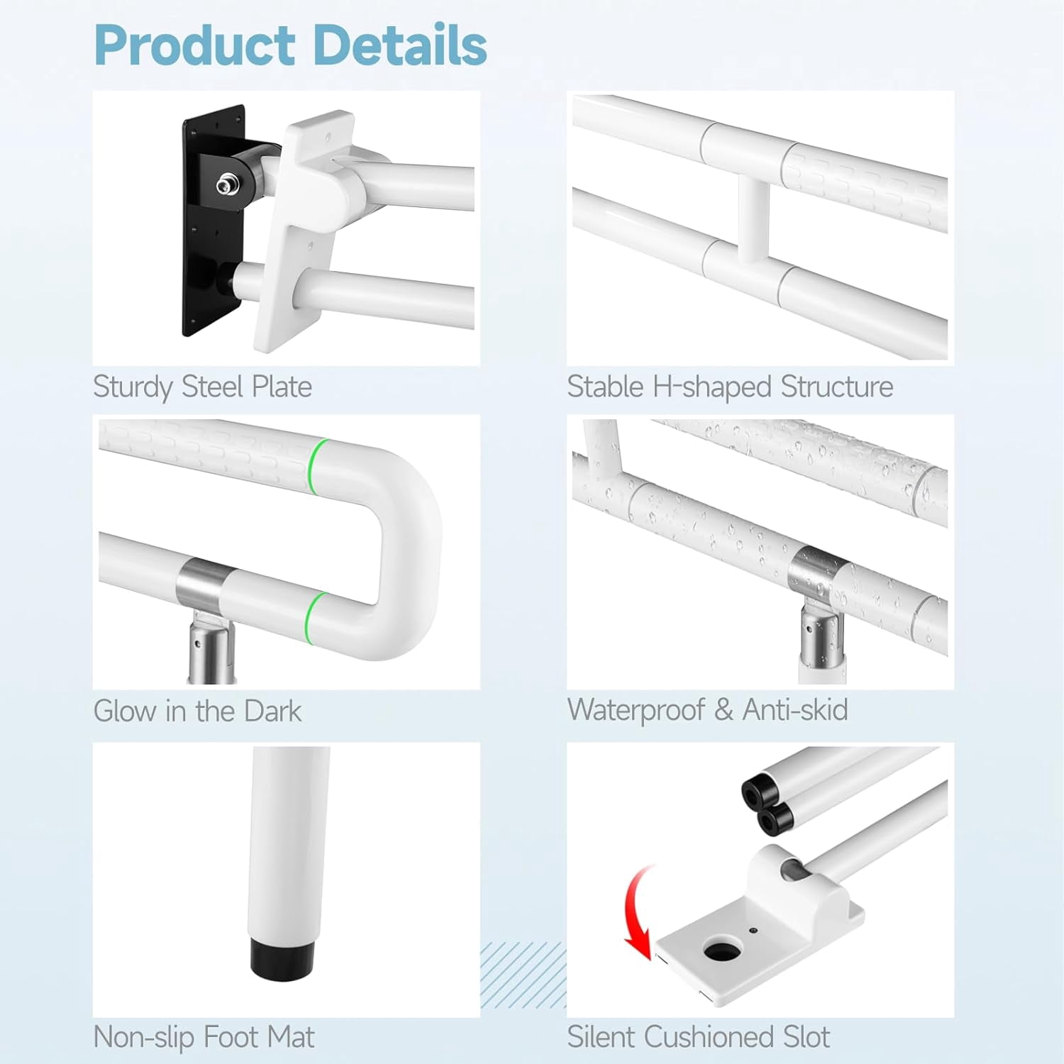 Flip Up Handicap Grab Bar, Wall Mounted Folding Toilet Safety Rail with Floor Support, Non-slip Toilet Handle for Bathroom, Assist Bar Handrails for Elderly Disabled Senior Pregnant