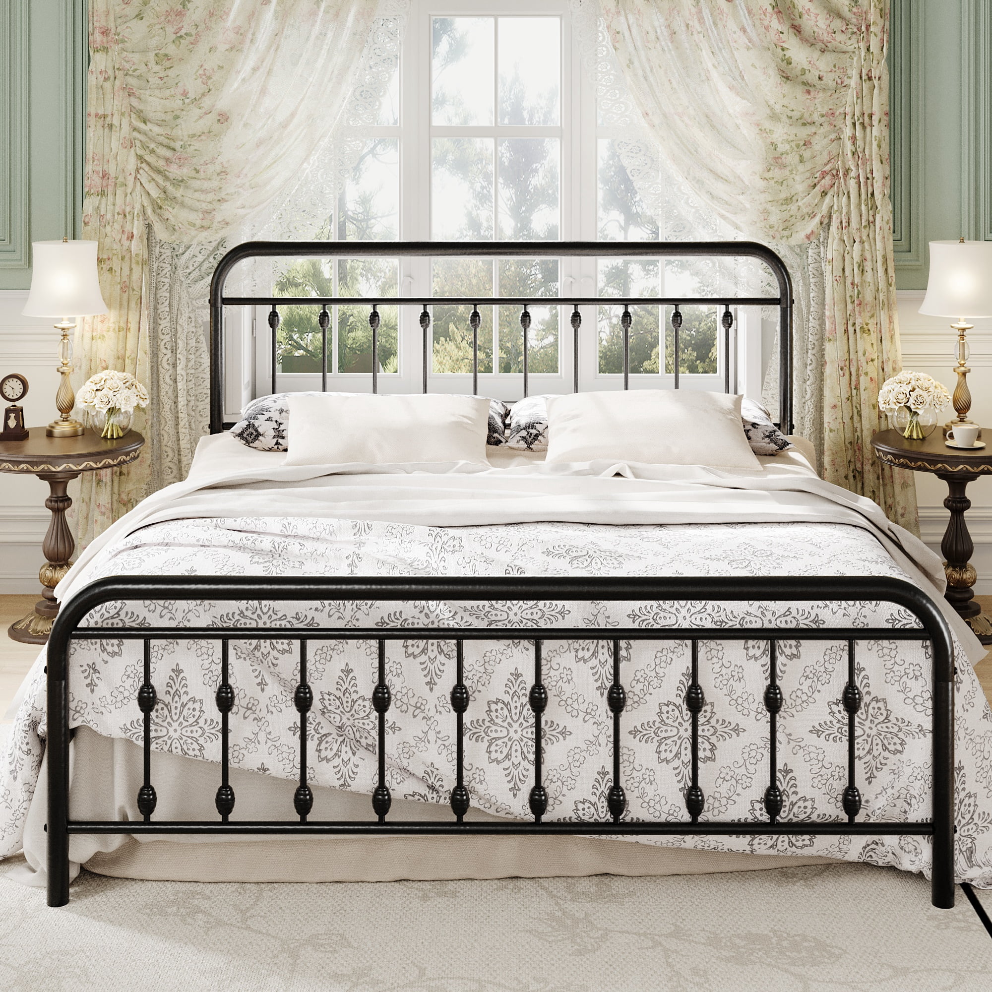 Einfach King Bed Frame, Metal Platform Bed with Vintage Headboard, No Box Spring Needed, Heavy Duty, Black