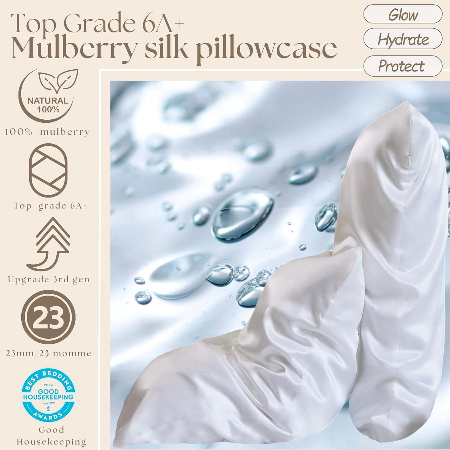 PROMEED Hyaluronic Acid Silk Pillowcase 100% Mulberry, Ultra-Hydrating 23 Momme Silk Pillow Case for Hair and Skin, Grade 6A+, Lock in Moisture Overnight (White, Queen-20 x30)