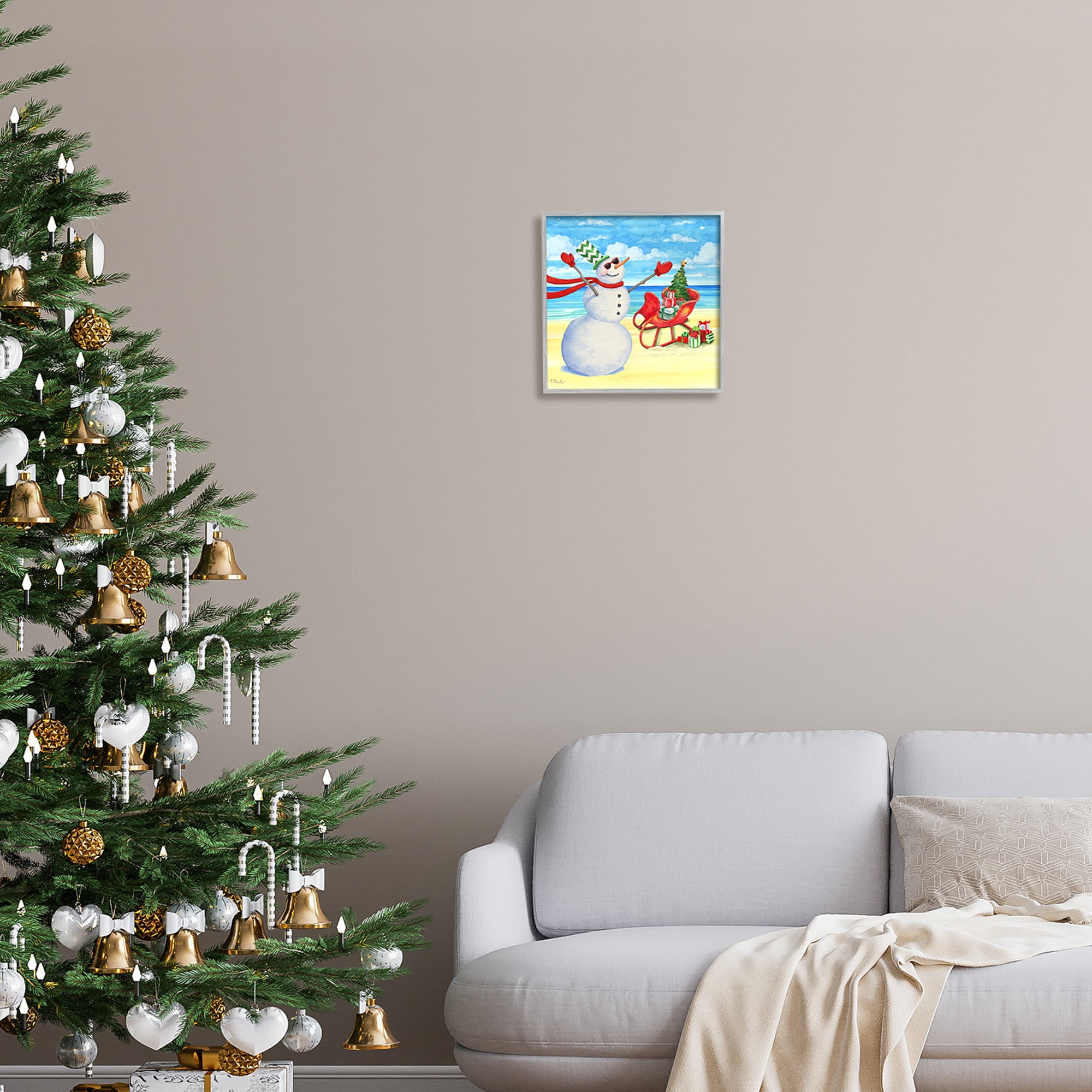 Stupell Industries Snowman on Beach Scene Holiday Painting Gray Framed Art Print Wall Art, 12 x 12