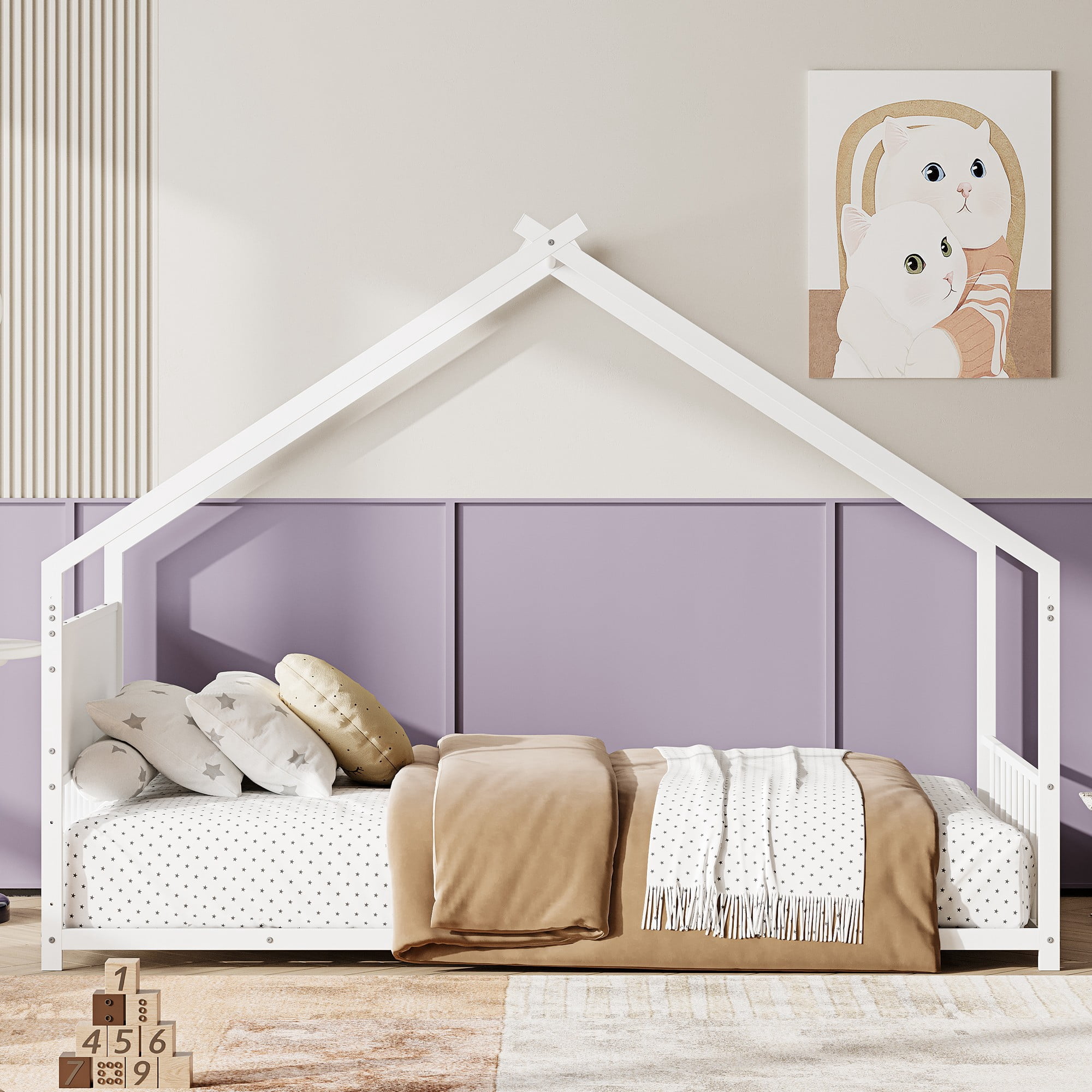 Aukfa Twin Size Metal House Bed with LED Lights, Montessori Floor Bed for Kids & Toddlers, Sturdy Frame, Easy Assembly, White