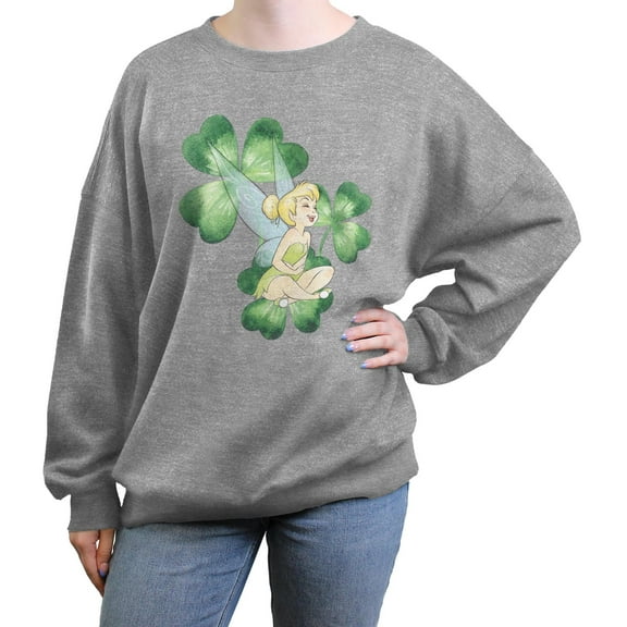 Junior's Peter Pan Distressed Shamrocks Smiling Fairy Sweatshirt