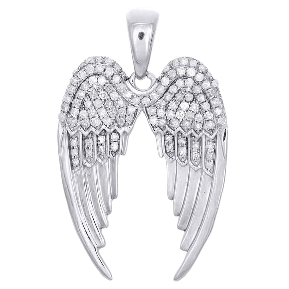Sterling Silver & Diamond Angel Wing Feather Pendant 1.2" Statement Charm 3/8 CT