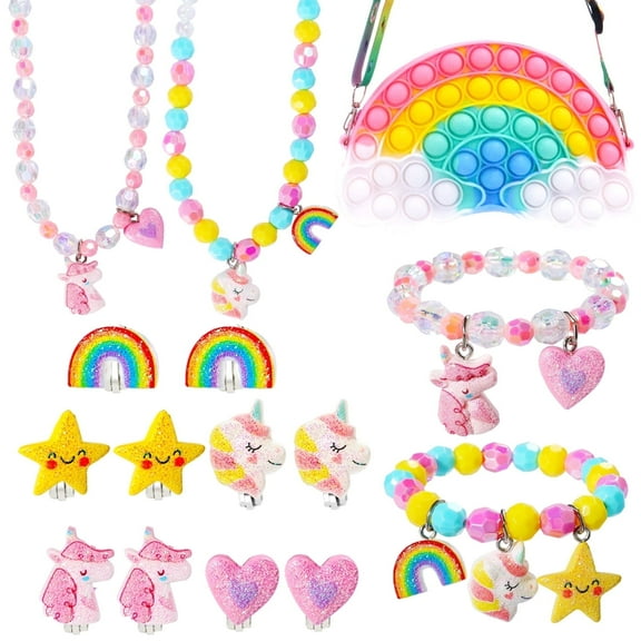 PinkSheep 15Pcs Jewelry Set,  Unicorn Rainbow Heart Pendant Necklace Beaded Bracelet Clip-on Earrings with Purse for Dress up