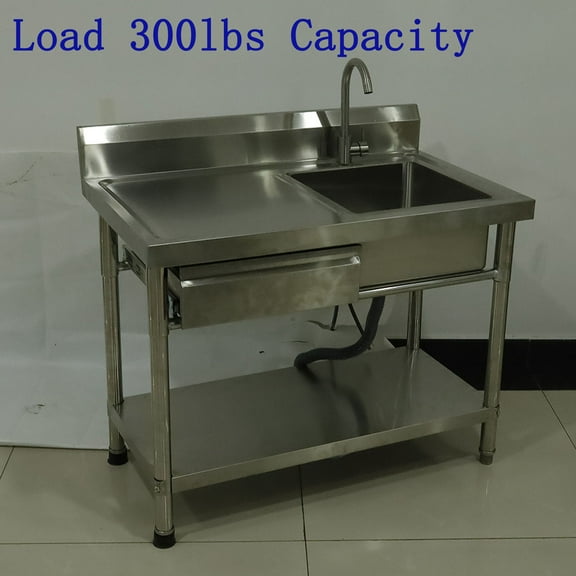 40 Inch Stainless Steel Utility Sink, Free Standing Single Bowl Kitchen Sink, Farmhouse Indoor and Outdoor Sink with Drawer & Cold and Hot Water Pipe for Kitchen Laundry Room Garage
