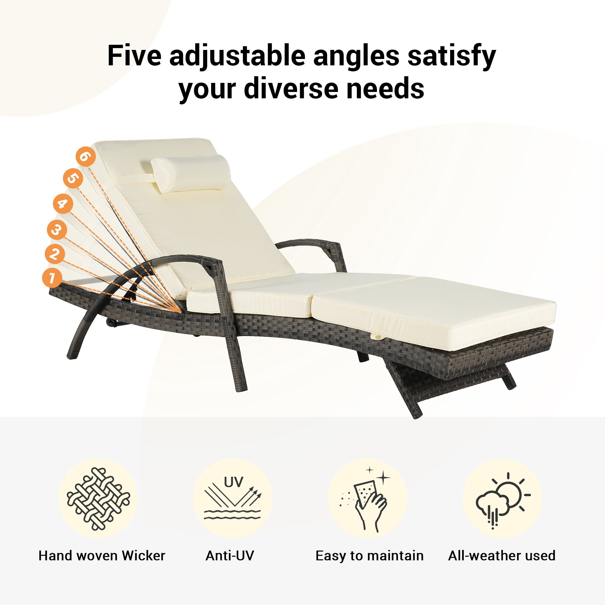 Leumius Outdoor Chaise Lounge Chair Set of 2,Wicker Reclining Lounge Chair with Cushions and Backrest Adjustable to 150° for Outside Pool Patio,Beige