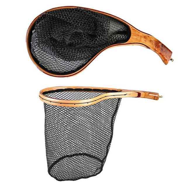 Laminate Wood Fly Fishing Landing Net with Rubberized Mesh and Foldable Design for Trout and Stream Anglers