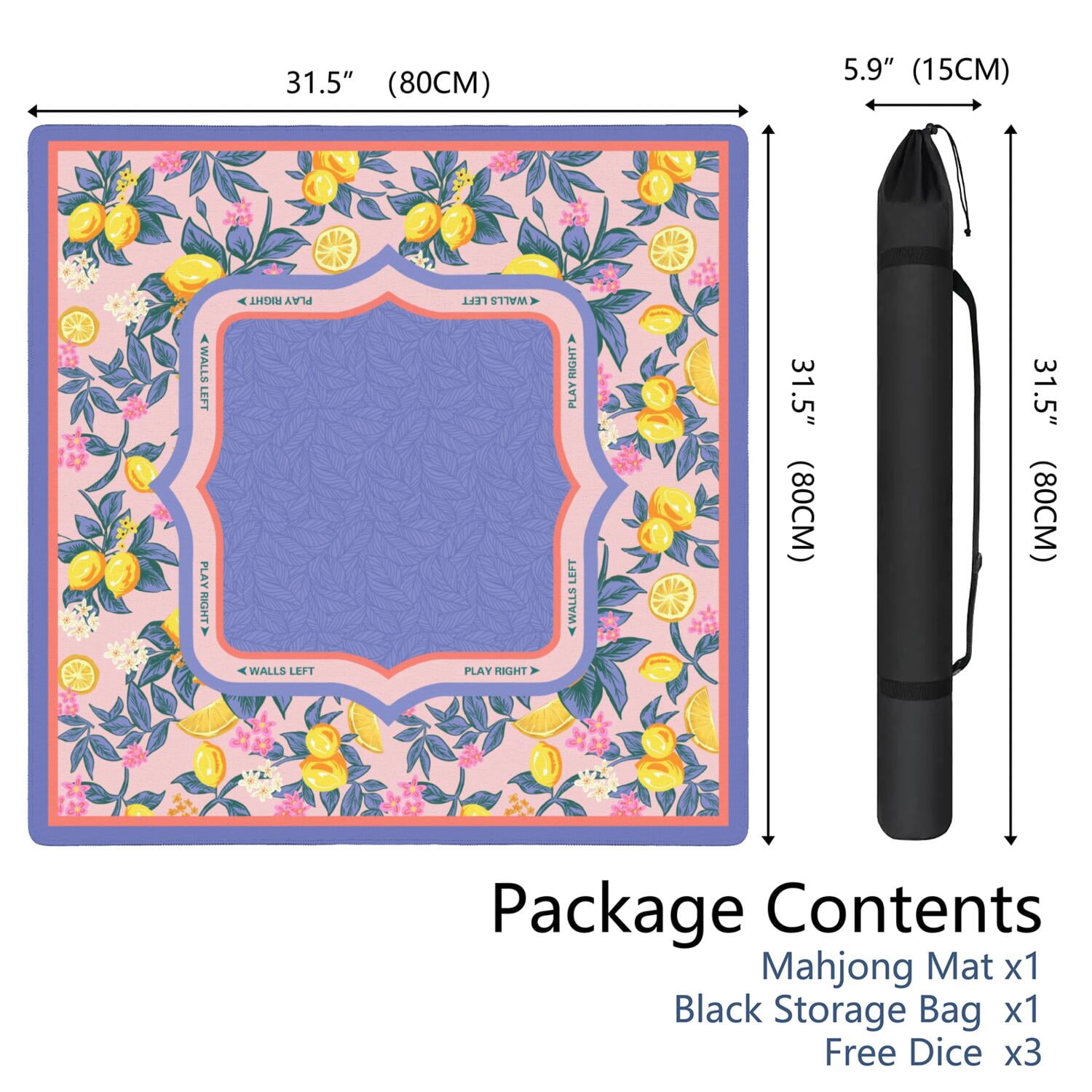 Purple Mahjong Mat for Table, 31.5*31.5in Anti Slip American Mahjong Table Cloth, Noise Reduction, Neoprene Mah jongg Mat with Carrying Bag & 3 Dices, Mahjong Set Gift, Board Tile Games Mats, Lemon02