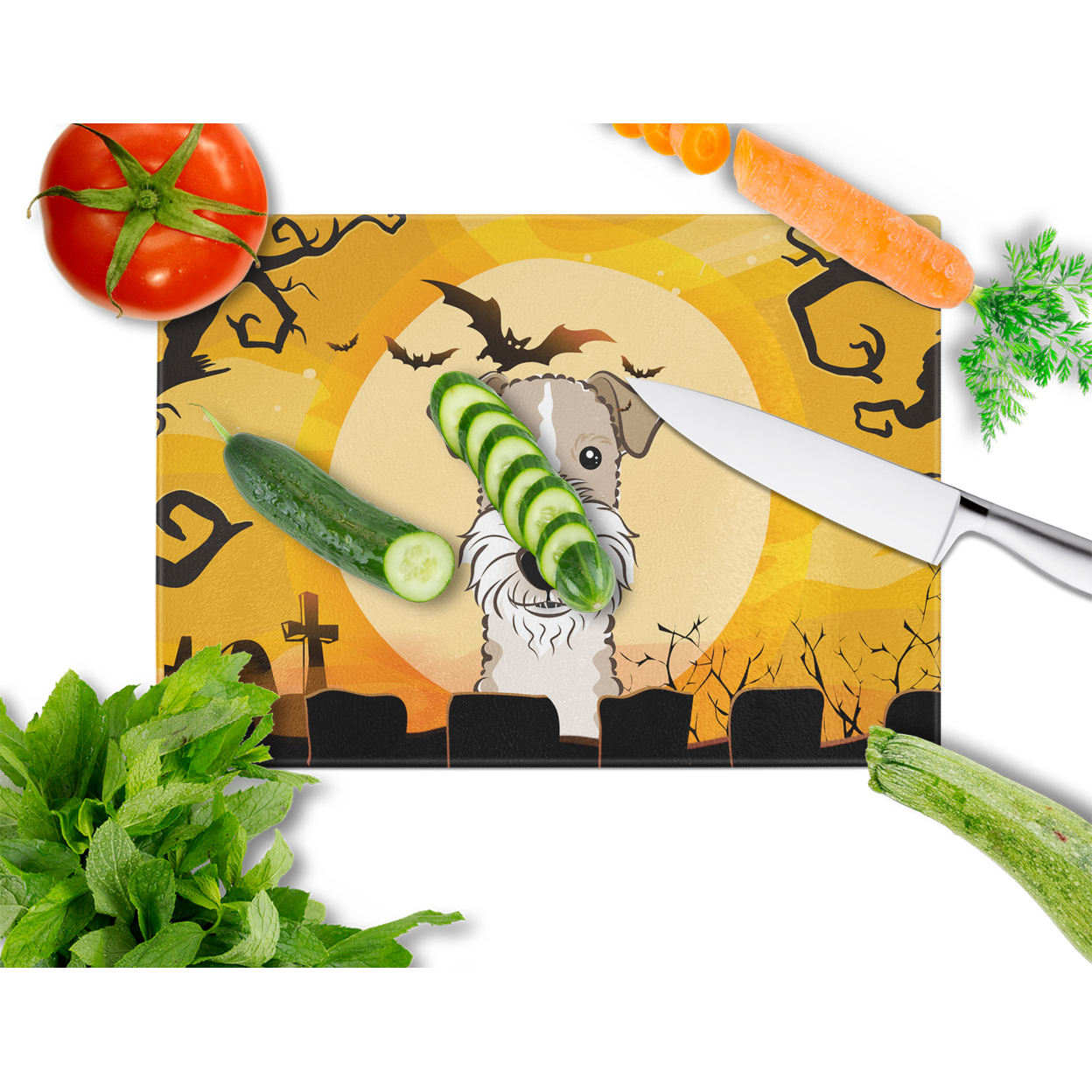 Carolines Treasures Halloween Wire Haired Fox Terrier Glass Cutting Board Large 12H x 16W multicolor