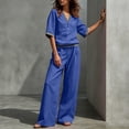 thumbnail image 6 of Cagogo Women Plus Size 2 Piece Set V Neck Short Sleeve Top Wide Leg Pants Casual Summer Boho Vacation Outfits Loose Matching Lounge Sets Tracksuits Travel Cruise Clothes, Blue 3XL, 6 of 7
