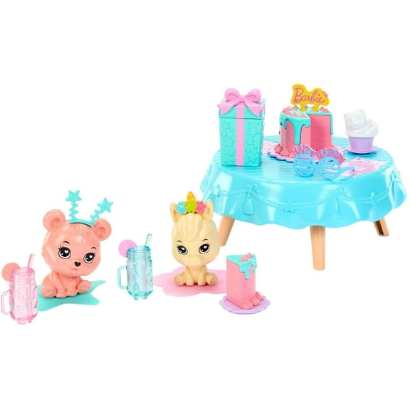 My First Barbie Birthday Accessories for Preschool Dolls, Accessory Pack with Pet Unicorn And Bear
