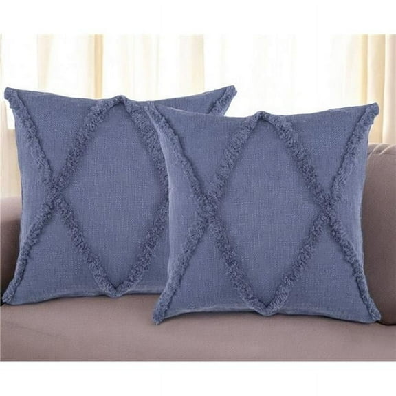 HomeRoots 554569 Square Blue Diamond Cotton Throw Pillow with Fringe - Set of 2