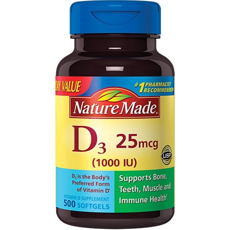 - Nature Made Vitamin D3 25mcg/1000IU Softgels Value Size, 500ct