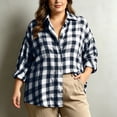 thumbnail image 5 of hoksml Women's Gingham Plaid Button Down Shirt, Drop Shoulder Oversized Blouse with Lapel Collar, Rolled Cuffs and Relaxed Fit, 5 of 9