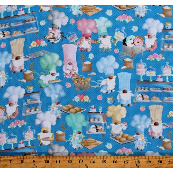Cotton Gnomes Bake Shop Baking Kitchen Bakery Cakes Cookies Desserts Food Gnomebody Bakes it Better Blue Cotton Fabric Print by the Yard (12829-54)