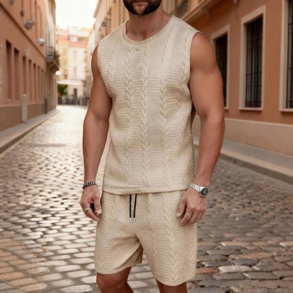 Ceisia Mens 2 Piece Outfit Textured Knit Sleeveless Tank Top and Drawstring Shorts Set Casual Loungewear for Men Khaki S Gifts for Father