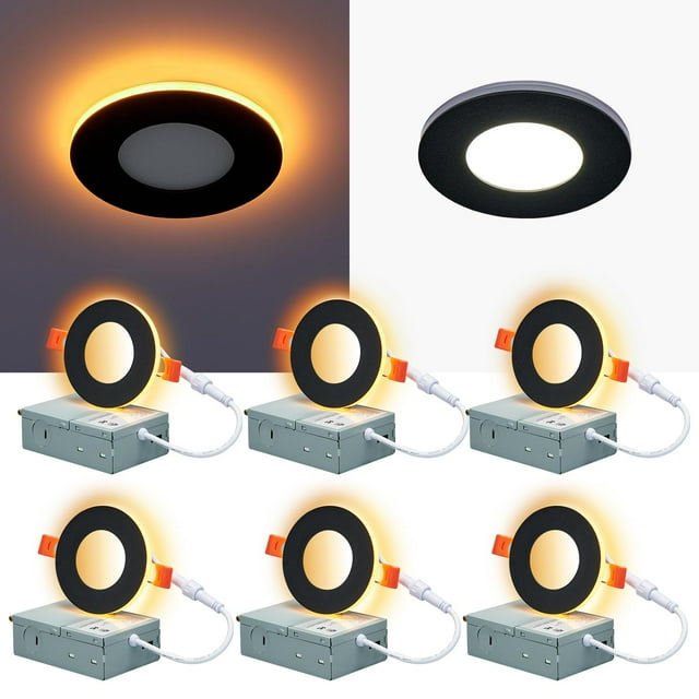 CycevSun Black Pot Lights LED 3 Inch Recessed Lighting with Night Light, Dimmable & 5CCT Selectable Slim Wafer Downlight Soffit, 6W, cETL, IC Rated,