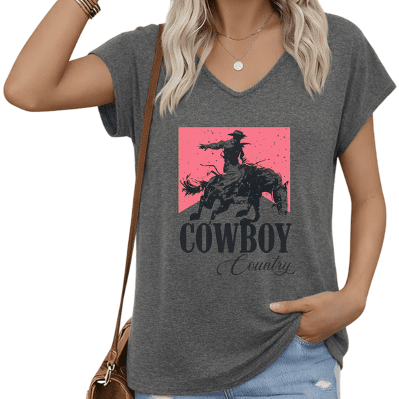 UNISHE Women Cowboy Country V Neck Short Sleeve T Shirt Western Rodeo Graphic Casual Vintage Loose Top S-5XL