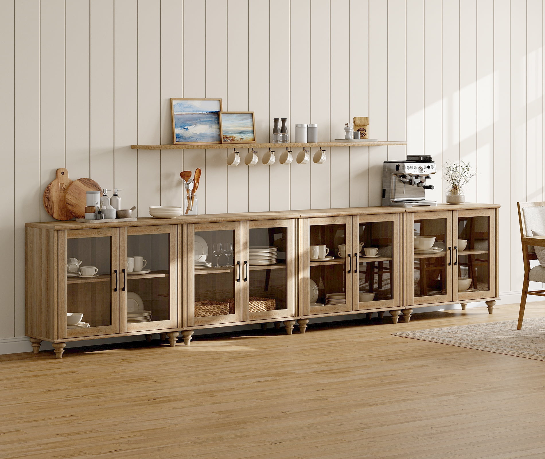 Buffet Cabinet with 8 Glass Doors, Kitchen Storage Cabinets with Adjustable Shelf, 135 inch, Oak