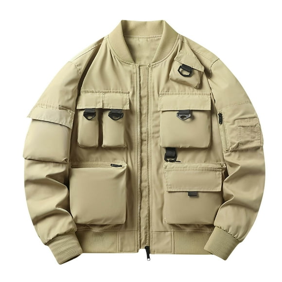 WRKEKC Men's Plus Size Flight Suit Jacket Solid Color Loose Fit, Motorcycle Workwear Coat with Multiple Pockets for Outdoor Utility Khaki XL