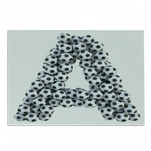 Letter a Cutting Board, Realistic Soccer Balls in Form of Capital Sports Play League Competition Theme, Decorative Tempered Glass Cutting and Serving Board, Small Size, Black White, by Ambesonne
