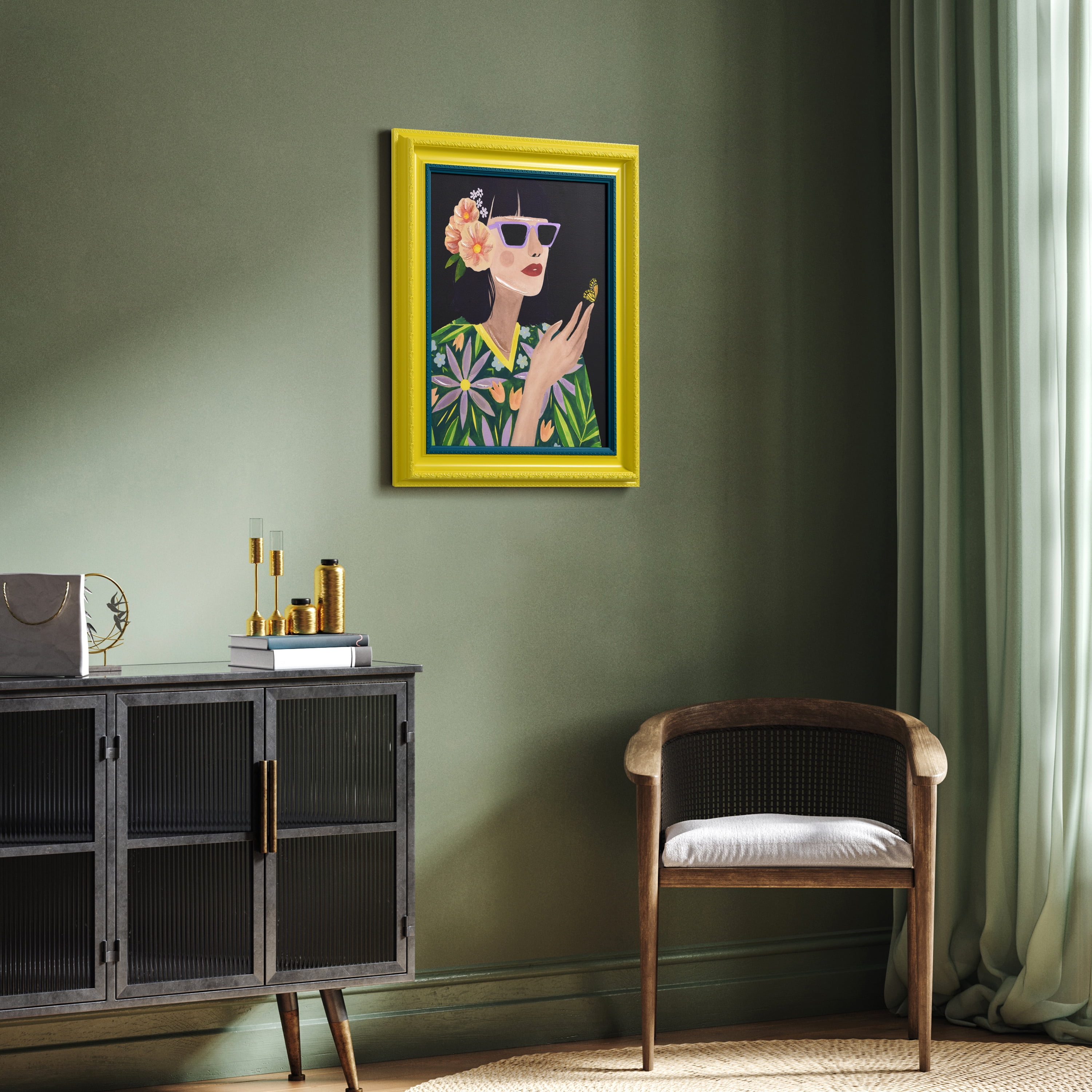 "Floral Female" Chromatic Hand Painted Embellished Giclee Portrait Canvas Wall Art with Baroque Two-Tone Frame