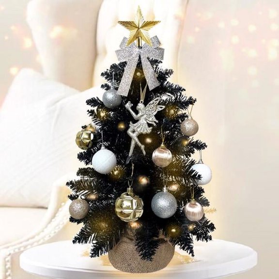 Tabletop Christmas Tree 2FT Small Mini Christmas Tree for Table Top, Artificial Snow Flocked Arbol de Navidad with Xmas Ornaments, Christmas Decorations for Home Office Apartment-Black
