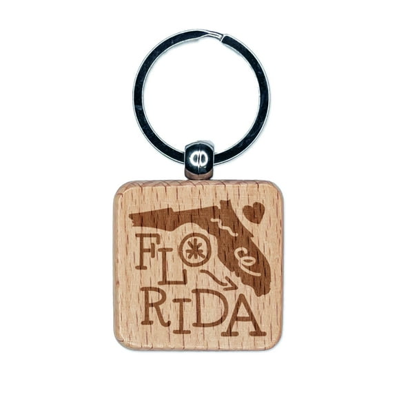 Florida State with Text Swirls Square Keychain Charm Tag - Engraved Wood