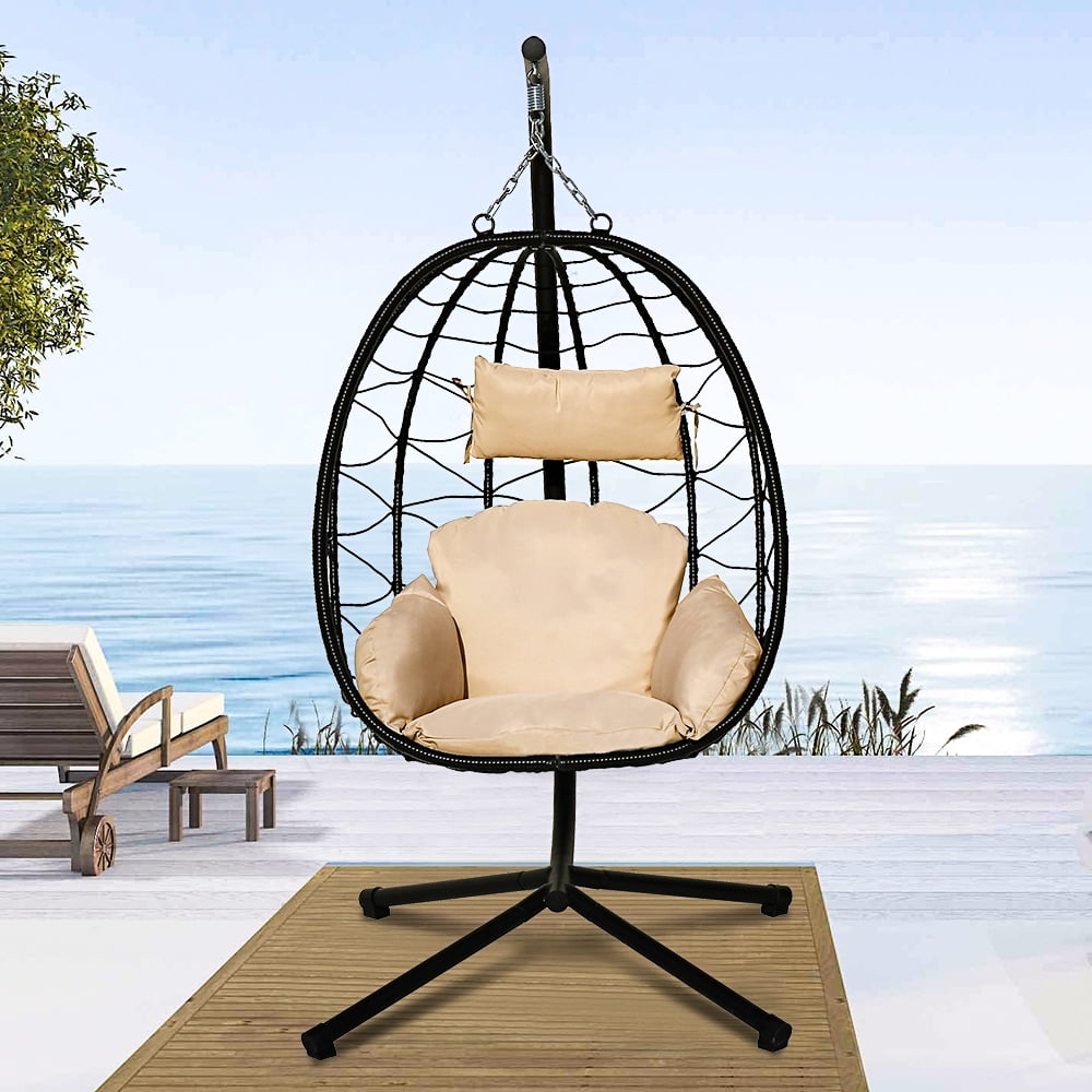 Outdoor Egg Chair Patio Furniture, Hanging Wicker Egg Chair with Stand, Hammock Chair with Hanging Kits, Swinging Egg Chair, Swing Chair for Beach, Backyard, Balcony, Lawn, Beige Cushion, W8049