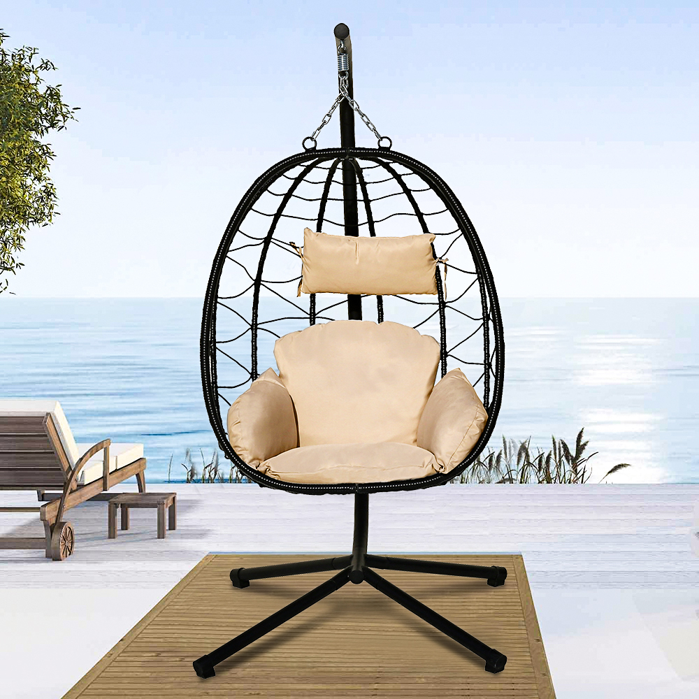 Patio Outdoor Egg Chair, Black Wicker Hanging Egg Chair with Beige Cushion, Hanging Egg Chair with Stand, Swinging Egg Chair for Indoor Bedroom Garden Balcony, Patio Furniture Lounge Chair Set, W8043 - image 5 of 8
