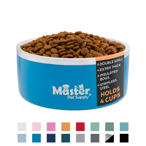 Master Pet Supply Stainless Steel Dog Bowls - 32 oz, Heavy Duty - True Blue, Double Wall Extra-Thick Insulated, Non-Slip Pet Water Bowl for Dogs, Cats & Pets, Anti Rust Metal, Dish Washer Safe