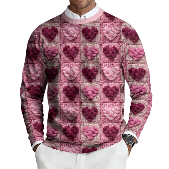 Mens Valentine's Day Pullover Stretch Long Sleeve Heart Pattern Sweater Valentine's Day Slim Fit Pullover