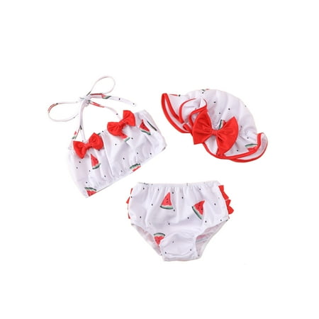 

Musuos Baby Girls Bikini Bathing Suit Halter Crop Top Ruffle Shorts Bucket Hat