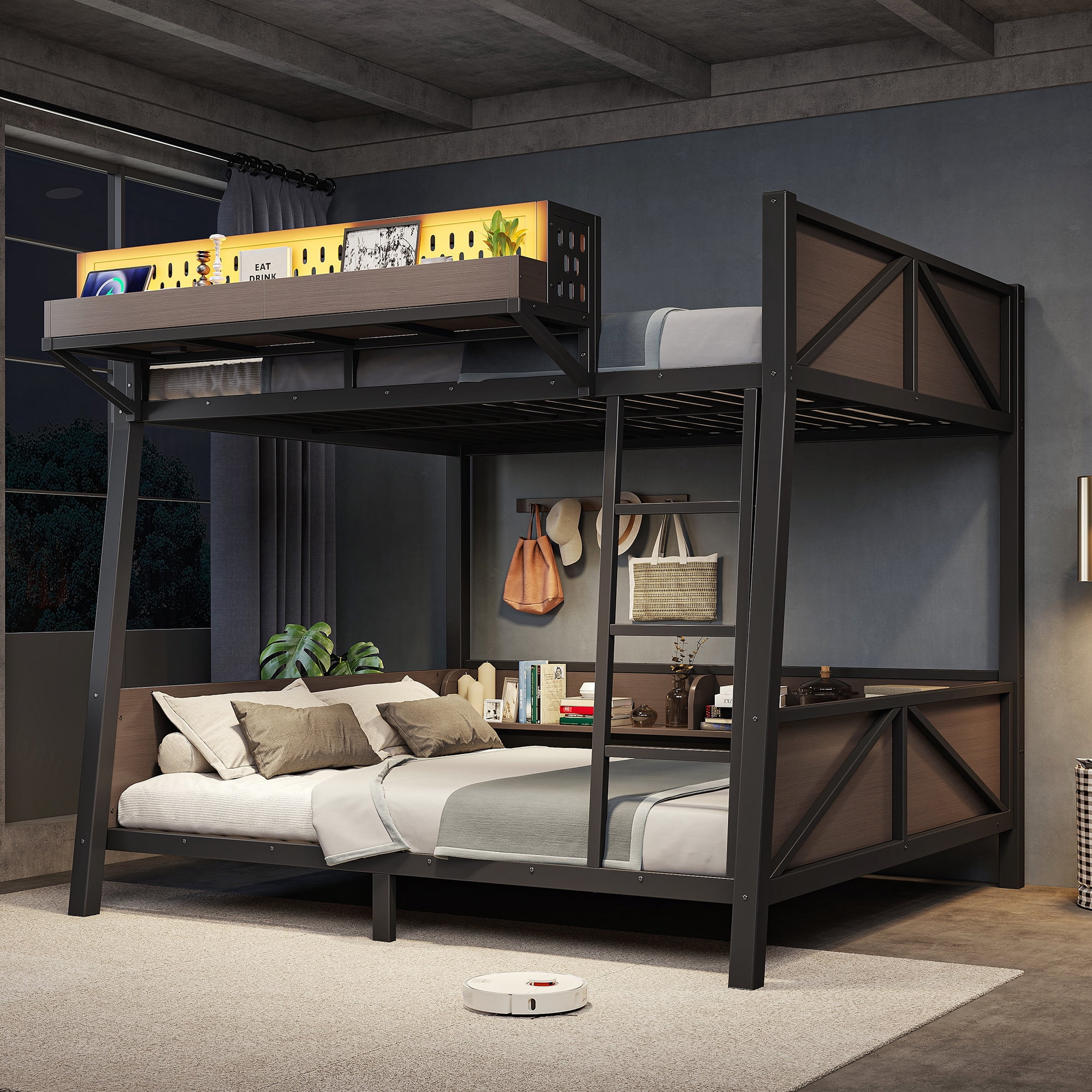 HOQBN Bunk Bed Twin Size with Storage Shelves,Metal Bunk Bed Frame with LED Light and USB Ports,Black
